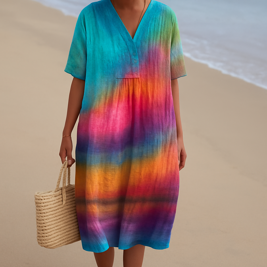 Woman wearing a vibrant sunset ombre tie-dye dress on the beach