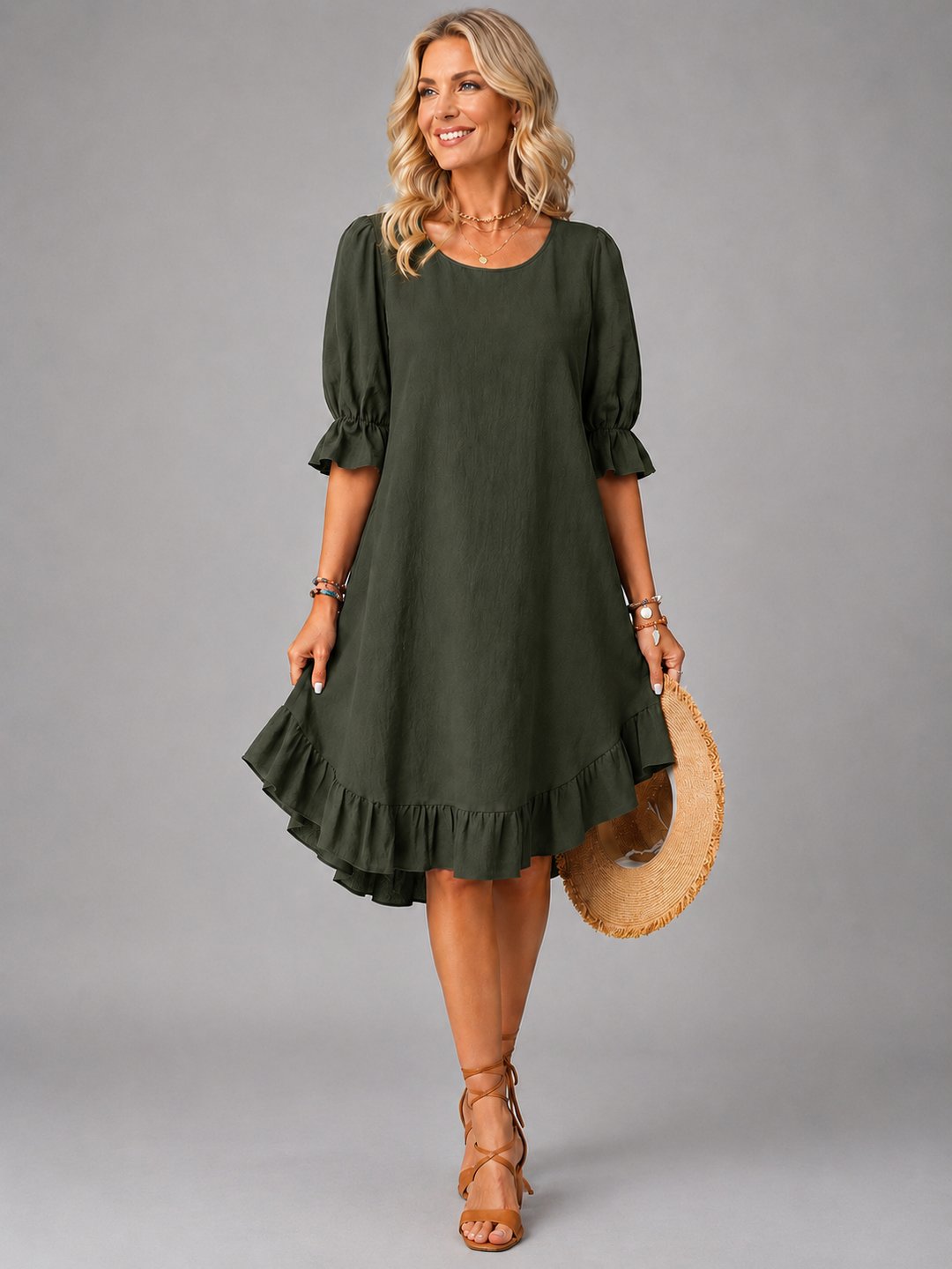 Women's effortless comfort dress in casual green style, front full view