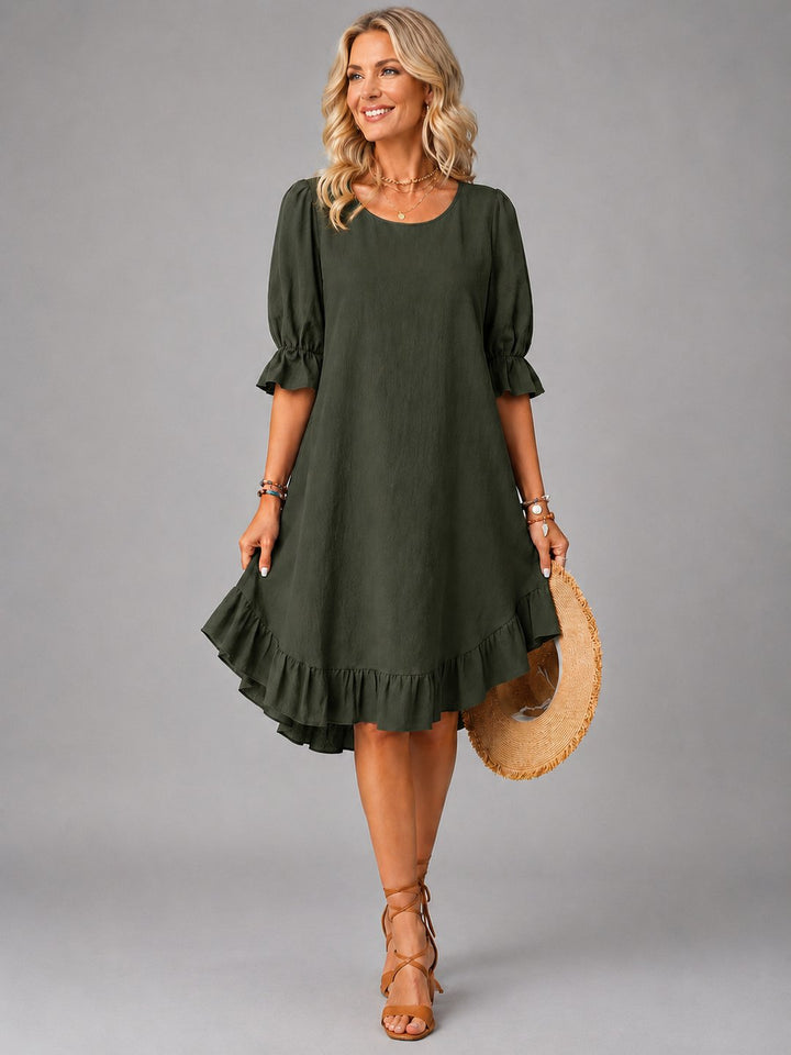 Women's effortless comfort dress in casual green style, front full view