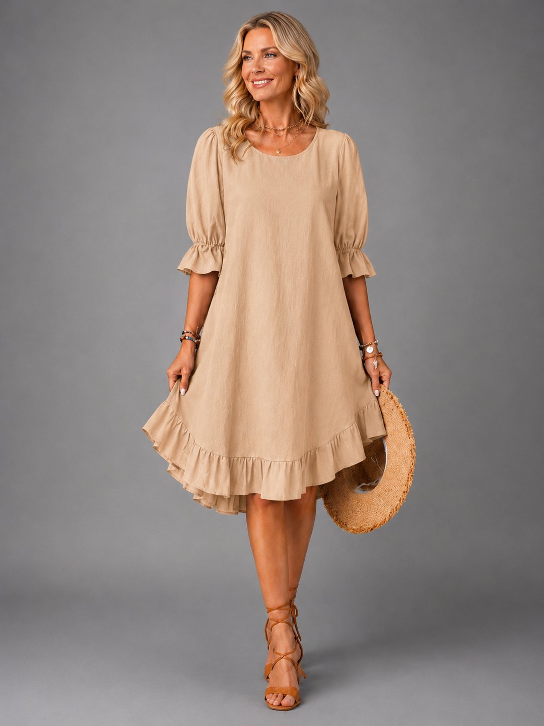 Stylish women's comfort dress in classic khaki, lifestyle flat lay