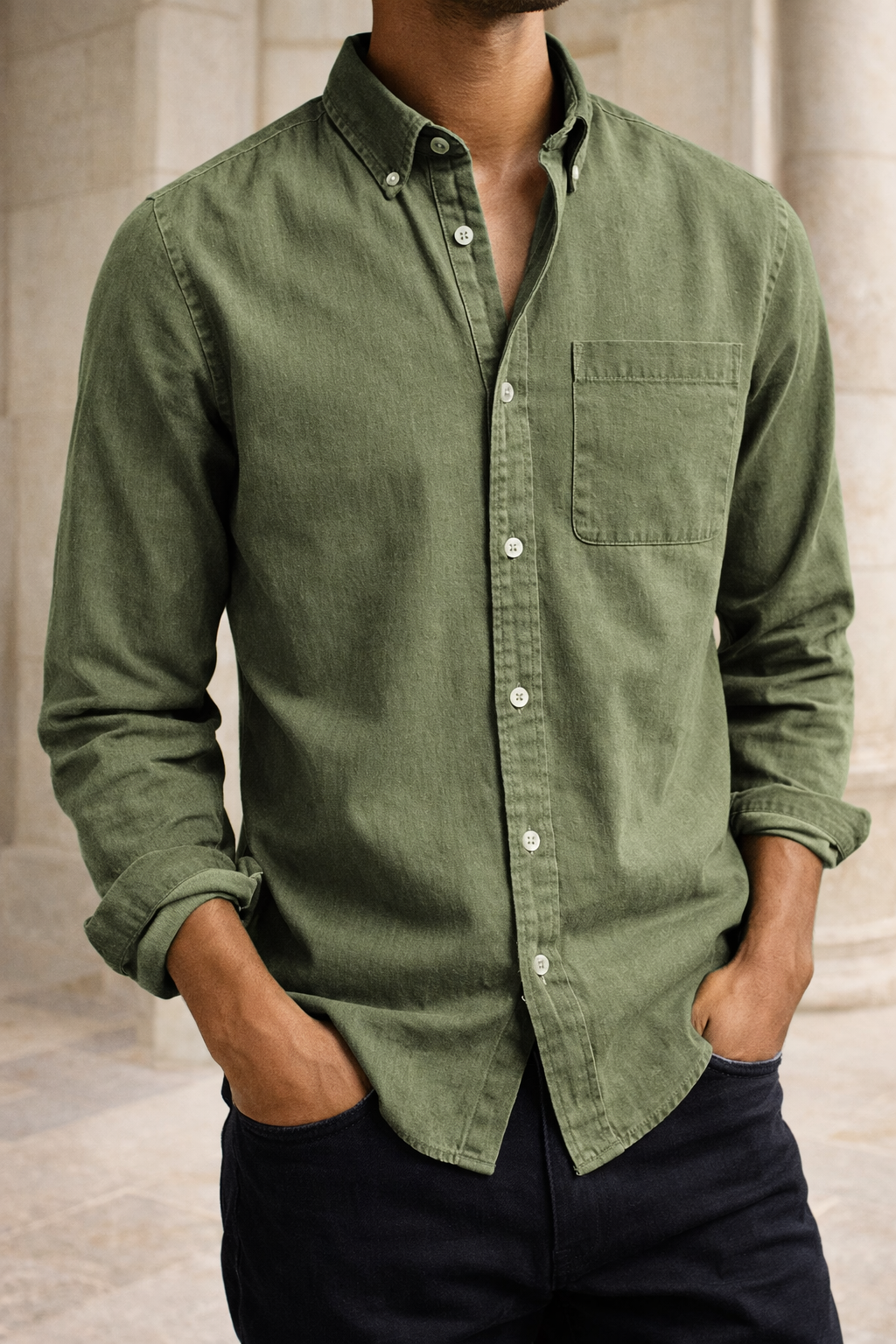 Mens long sleeve button-down casual shirt collar detail and buttons