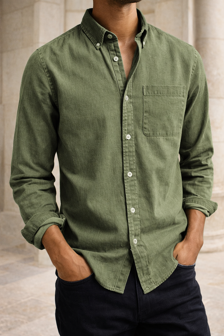 Mens long sleeve button-down casual shirt collar detail and buttons