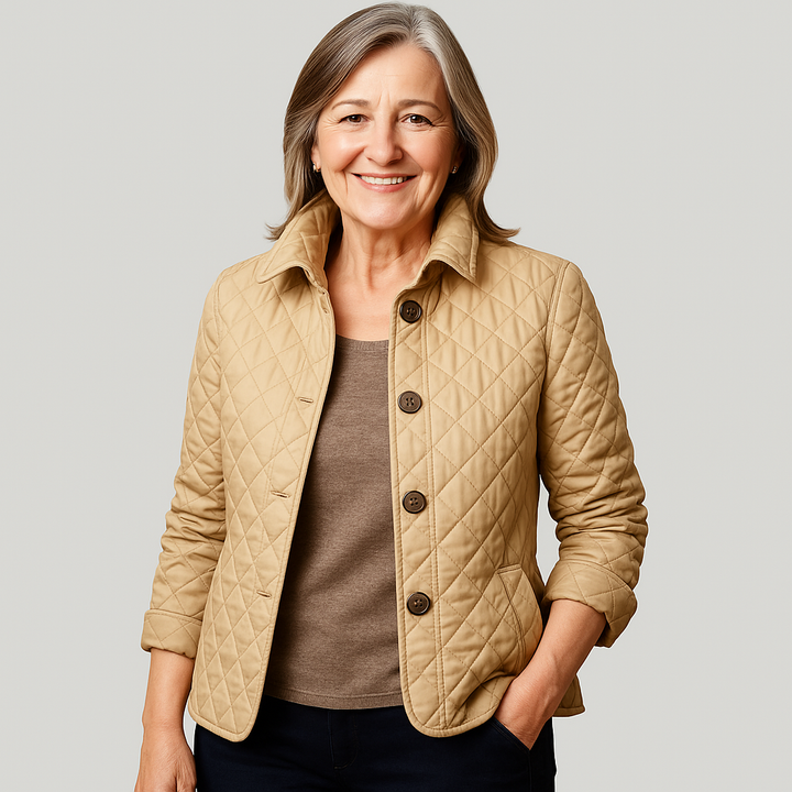 Classic style womens outerwear showing button closure and quilted texture