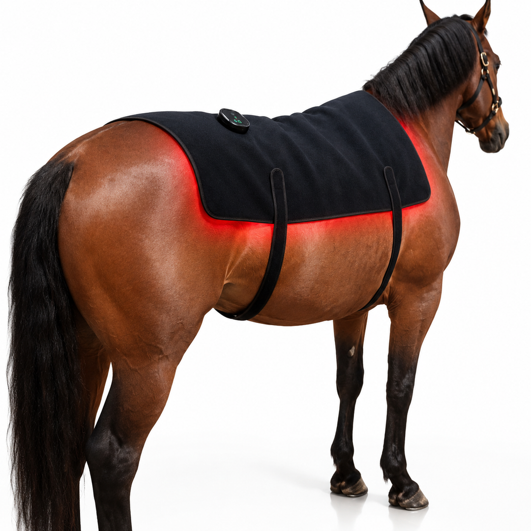 Brown horse wearing a black LED red light therapy back wrap in a bright white studio setting