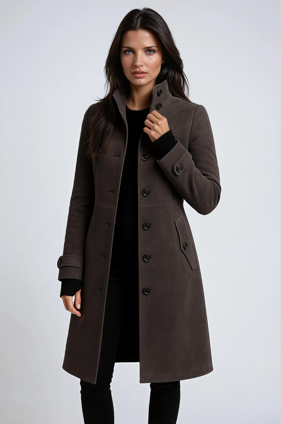 Woman wearing dark grey longline trench coat with tailored fit