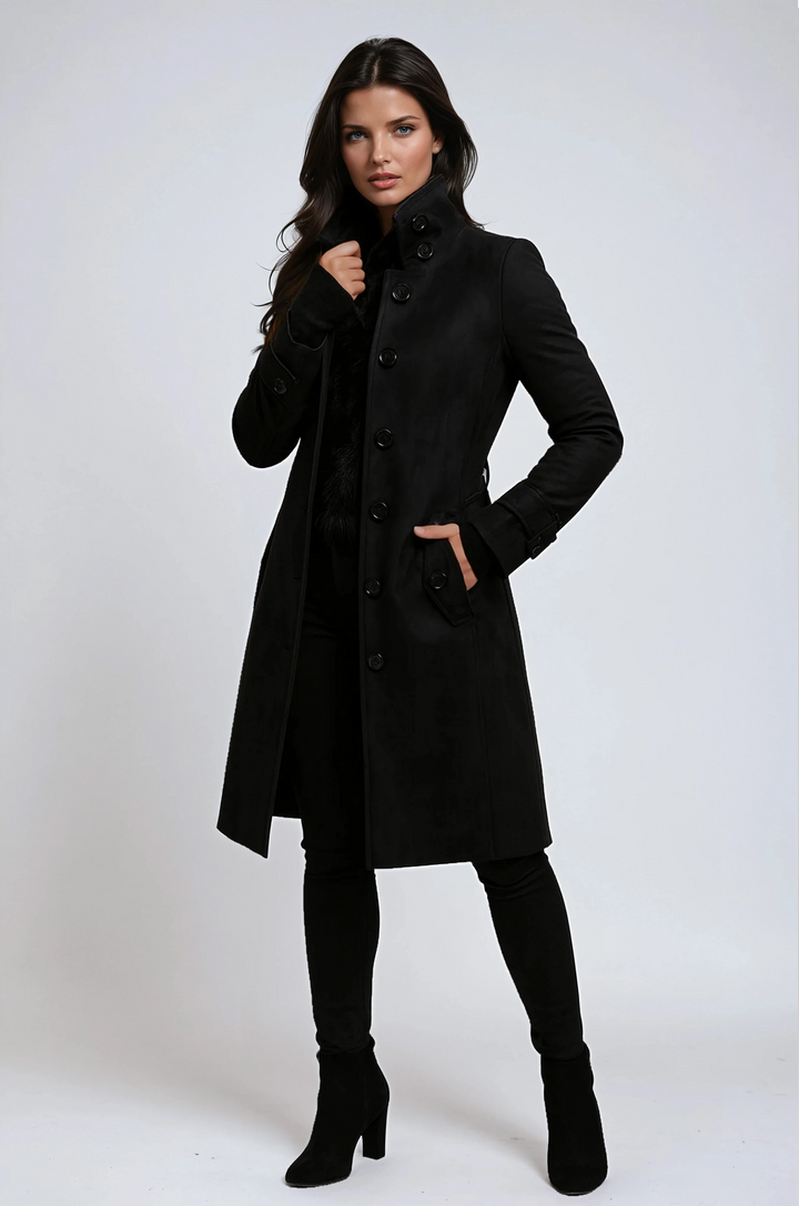 Womens classic longline trench coat tailored for winter fashion and outerwear style