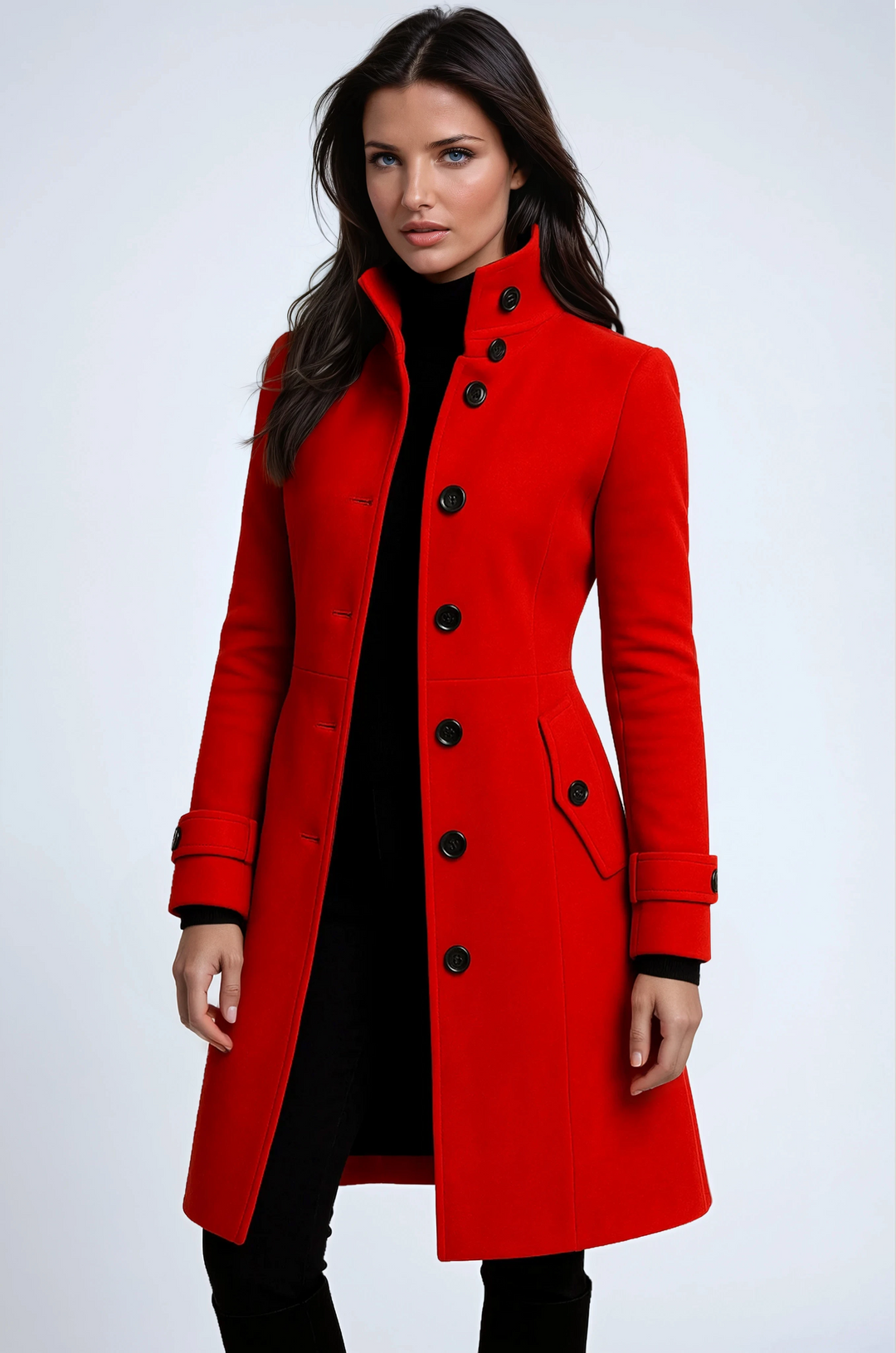 Woman wearing vibrant red longline trench coat with high collar