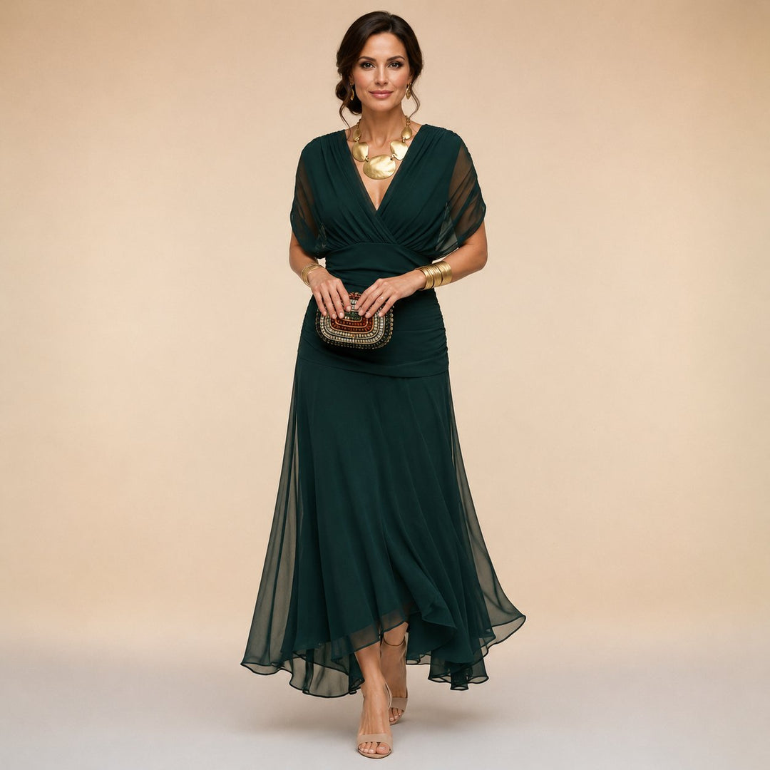 Women's elegant maxi party dress front view, formal evening wear