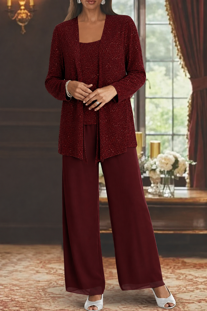 Detailed fabric shot showing dense sequin embellishments on the formal wear