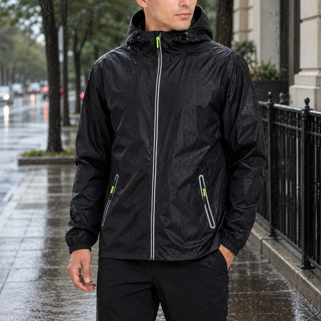 Man wearing black hooded cycling rain jacket outdoors in the rain