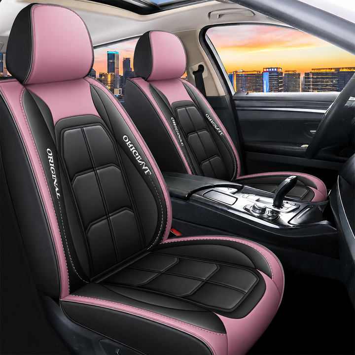 Universal fit automotive front seat protectors in modern style
