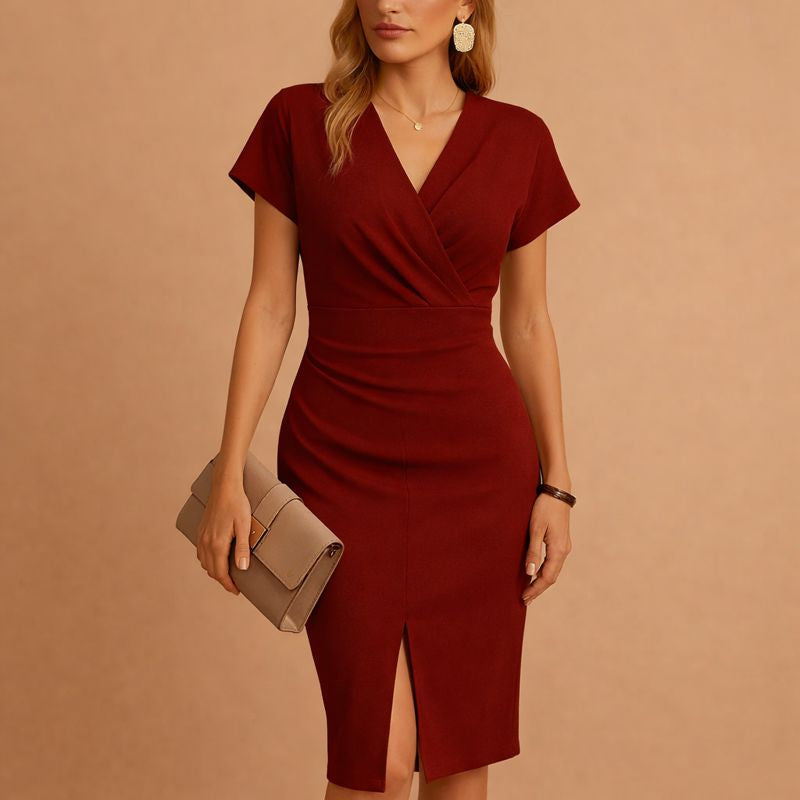Sophisticated party dress with V-neck, midi cut, and front slit