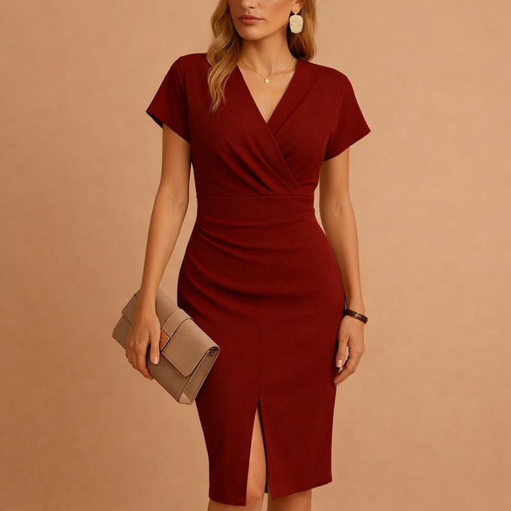 Sophisticated party dress with V-neck, midi cut, and front slit