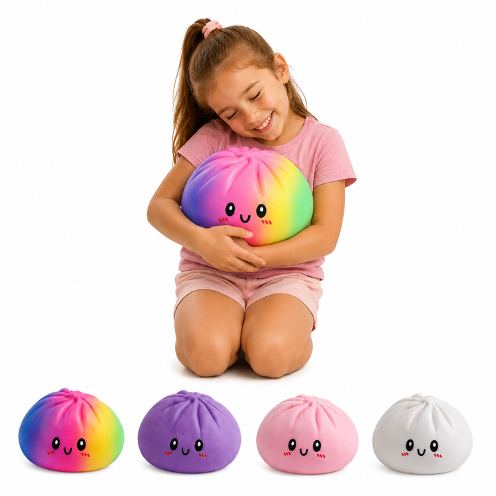 Young girl hugging an extra large rainbow dumpling squishy toy with other colored squishies nearby