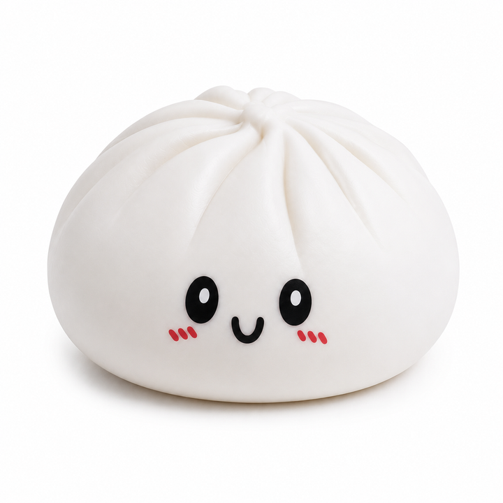 White dumpling squishy toy with cute face on a white background