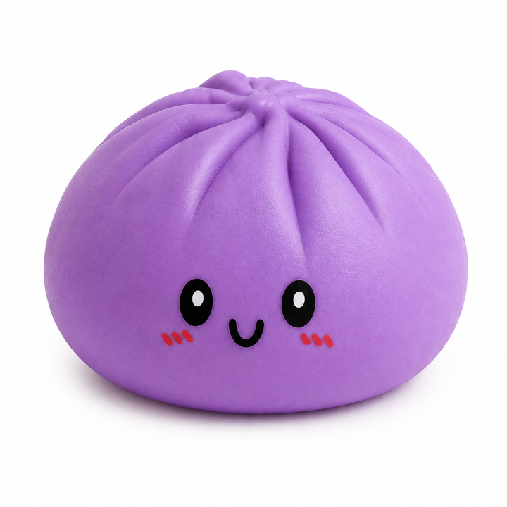 Purple dumpling squishy toy with cute face on a white background