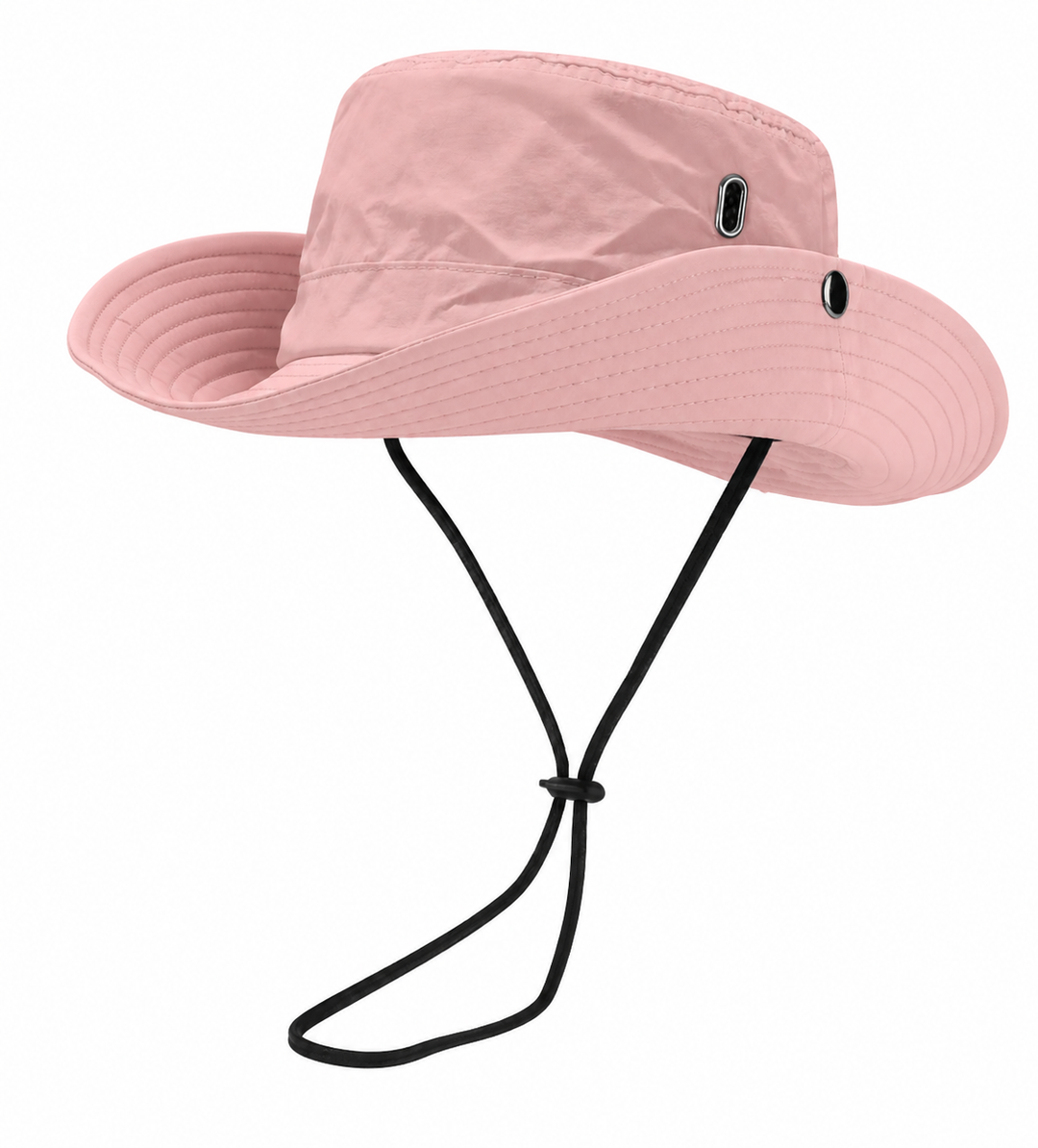 Pink women's outdoor sun hat with wide brim and adjustable chin strap