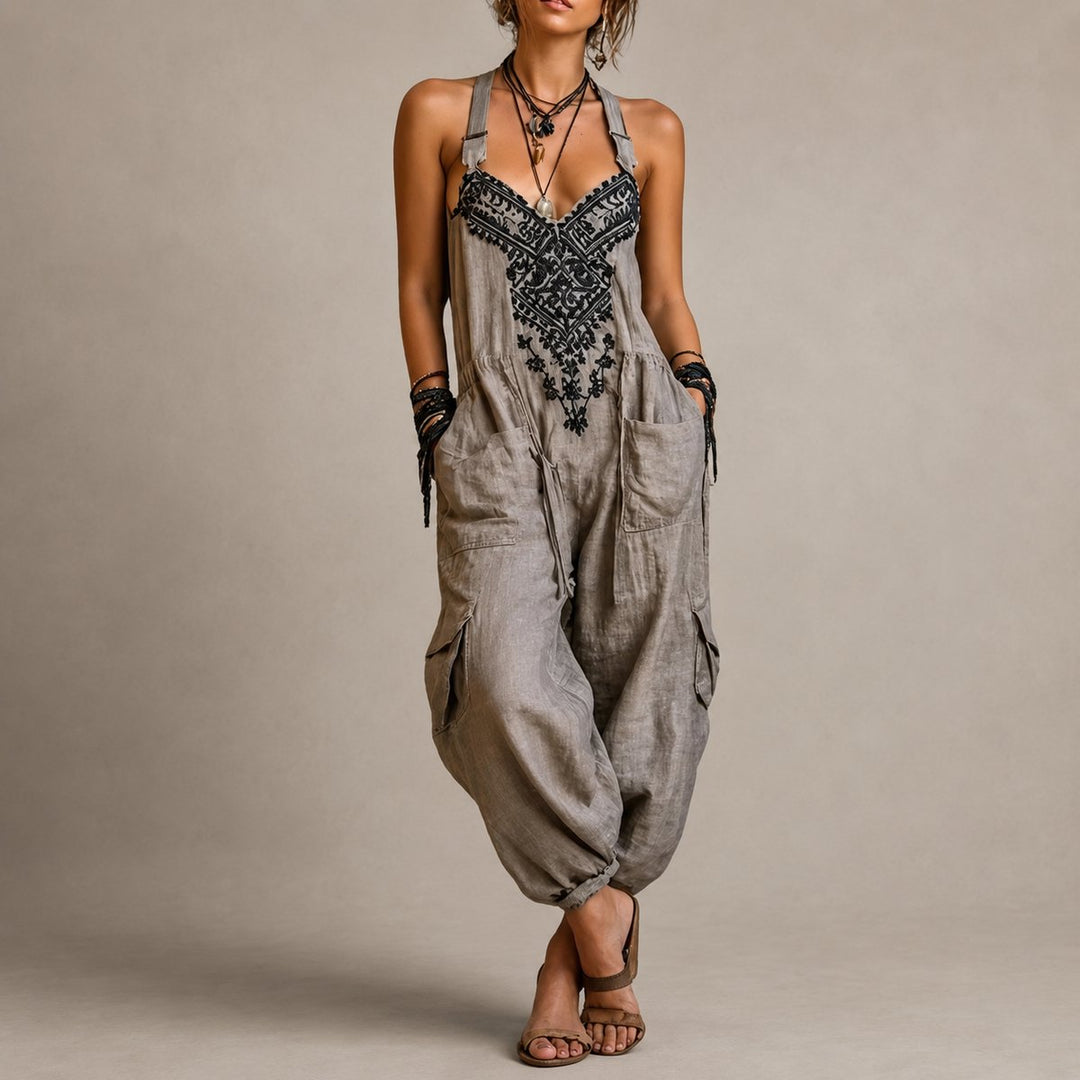 Women's bohemian harem jumpsuit in casual one-piece style with vibrant embroidery