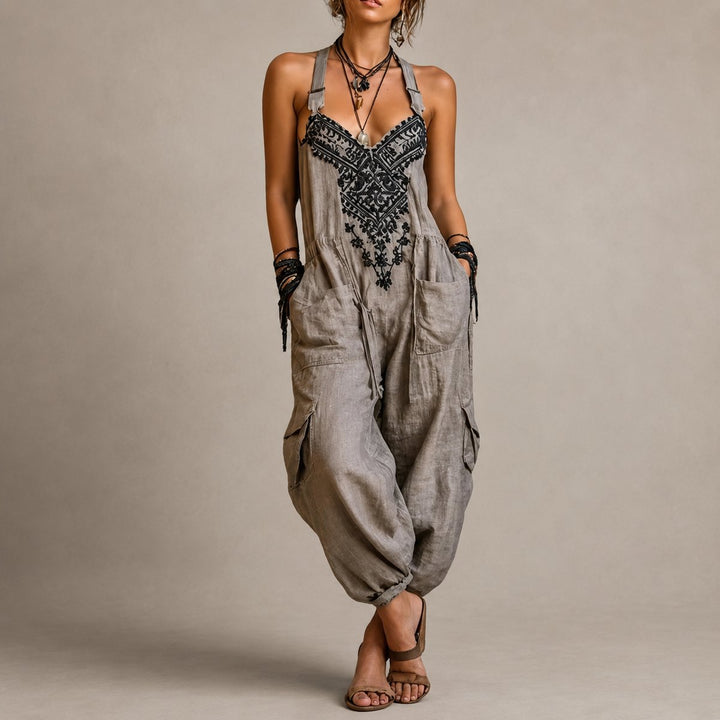 Women's bohemian harem jumpsuit in casual one-piece style with vibrant embroidery