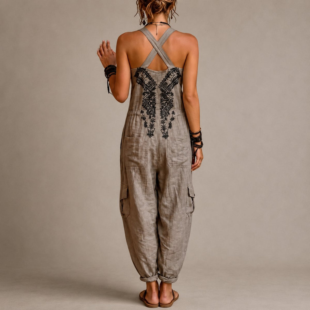 Full view of women's embroidered bohemian harem jumpsuit featuring relaxed fit