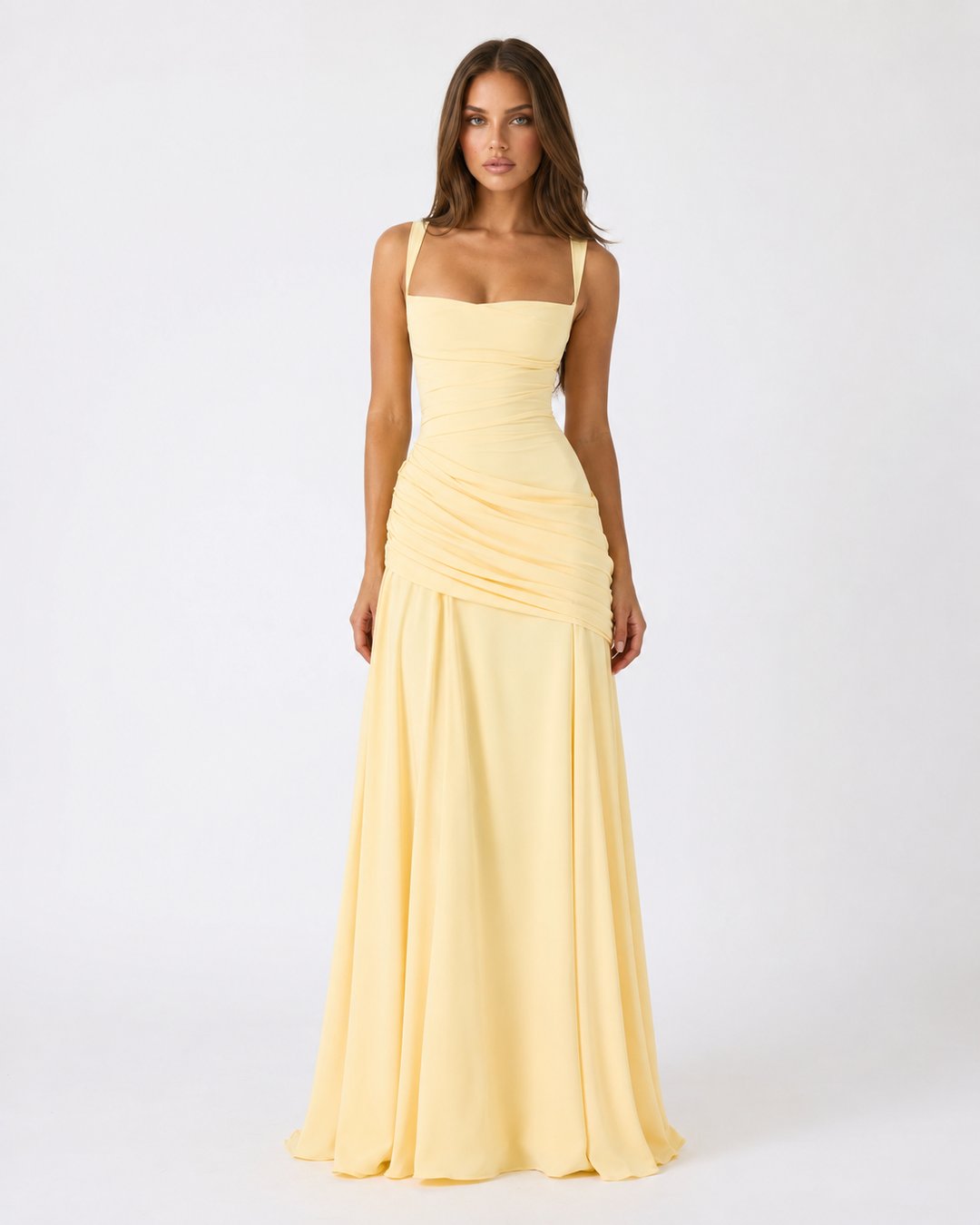 Women's Phoebe ruched square neck maxi dress in full length view