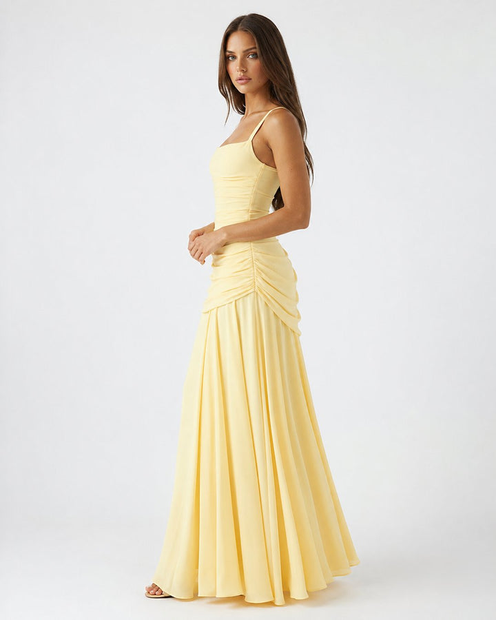 Formal evening party dress featuring a chic square neckline