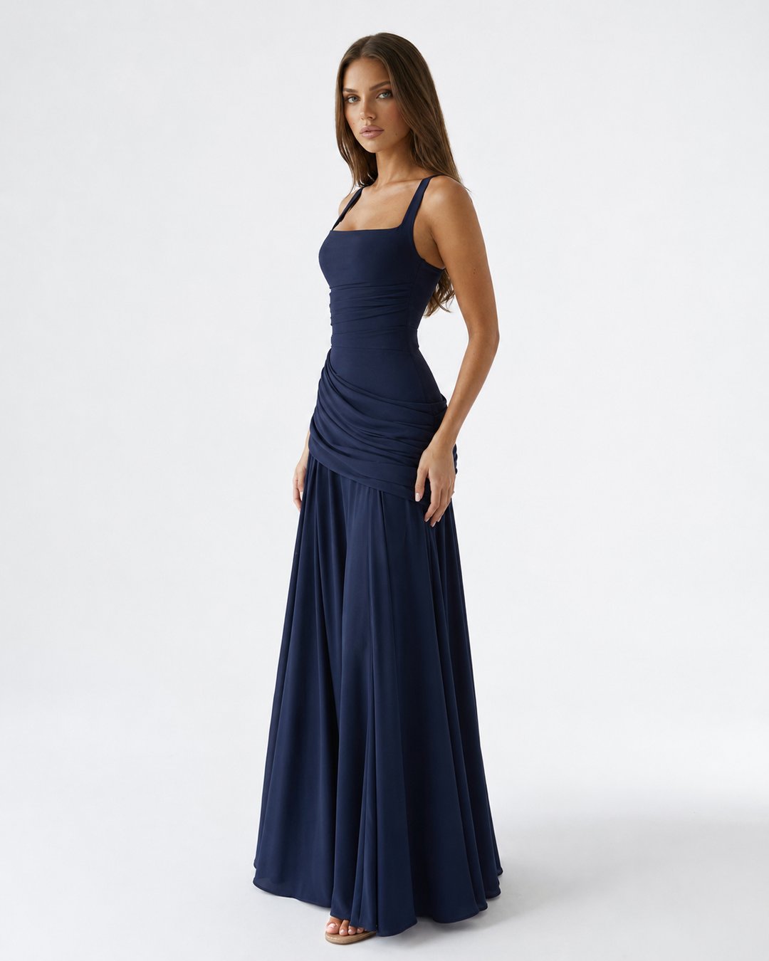 Back view of elegant square neck maxi dress in womens fashion