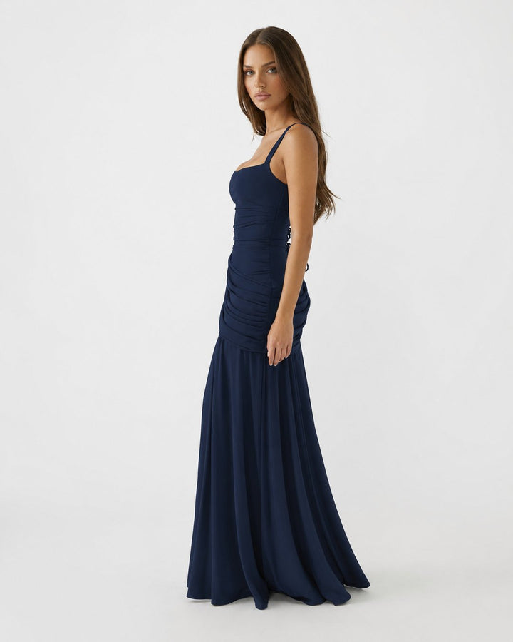 Close-up of stylish square neckline on the Phoebe maxi dress