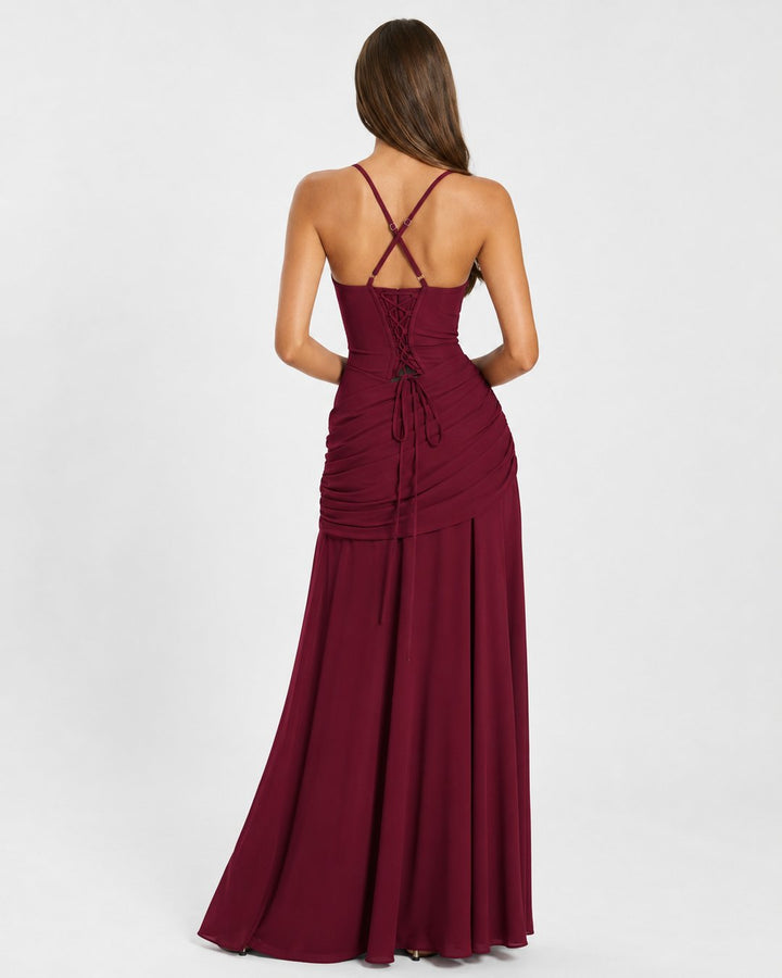 Hemline and flowing drape of the elegant evening maxi dress