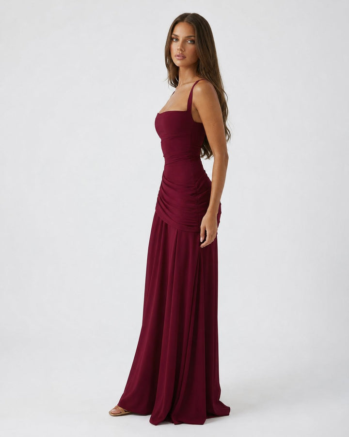 Sleeve and shoulder detail of women's trendy square neck dress