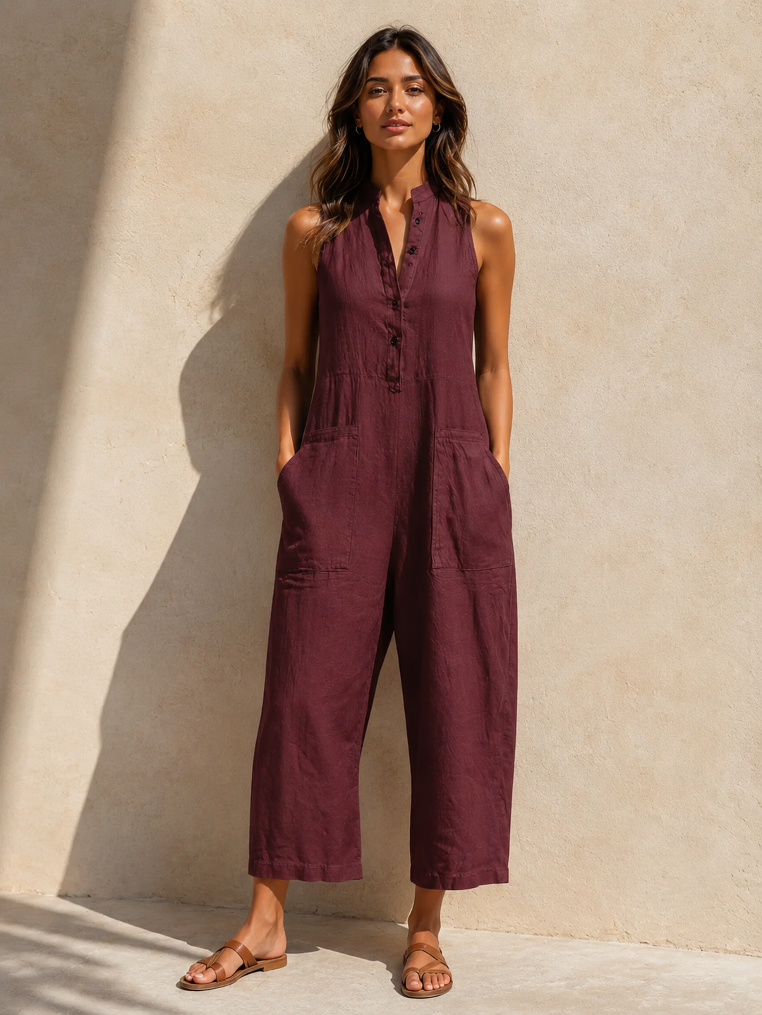 Side view of women's sleeveless wide leg jumpsuit with mandarin collar and functional side pockets