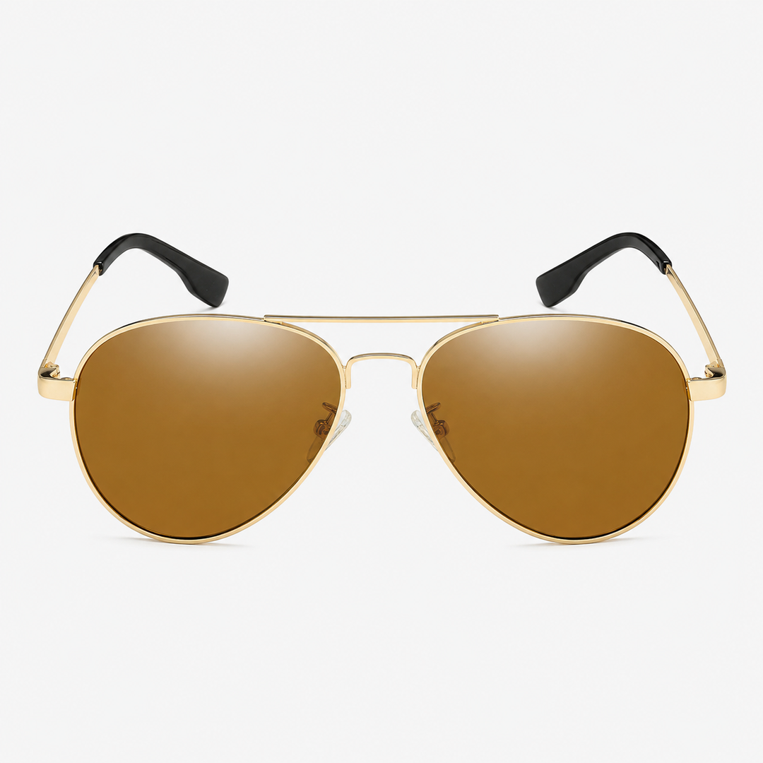 Studio shot of gold-framed aviator sunglasses with brown lenses on white background