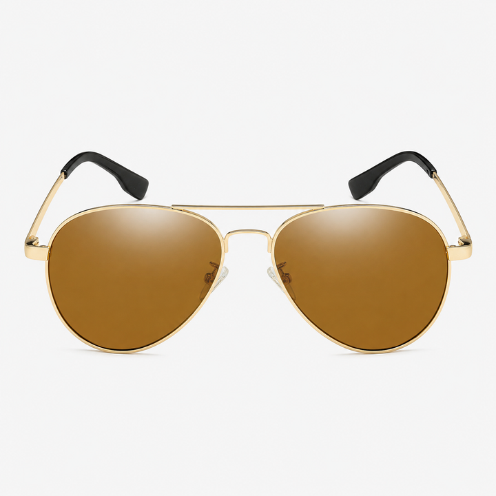 Studio shot of gold-framed aviator sunglasses with brown lenses on white background