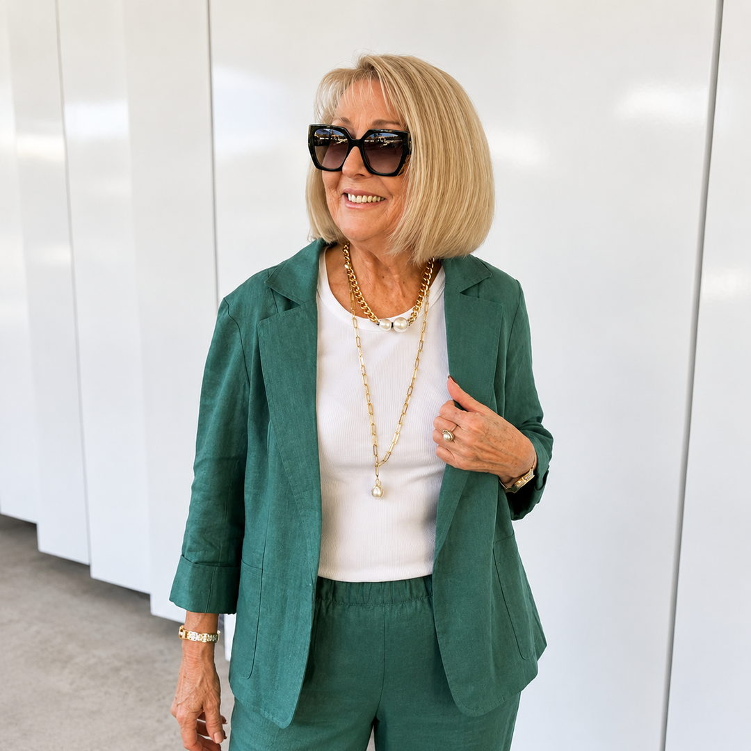Older woman wearing an ocean green slim fit suiting set with sunglasses and gold jewelry