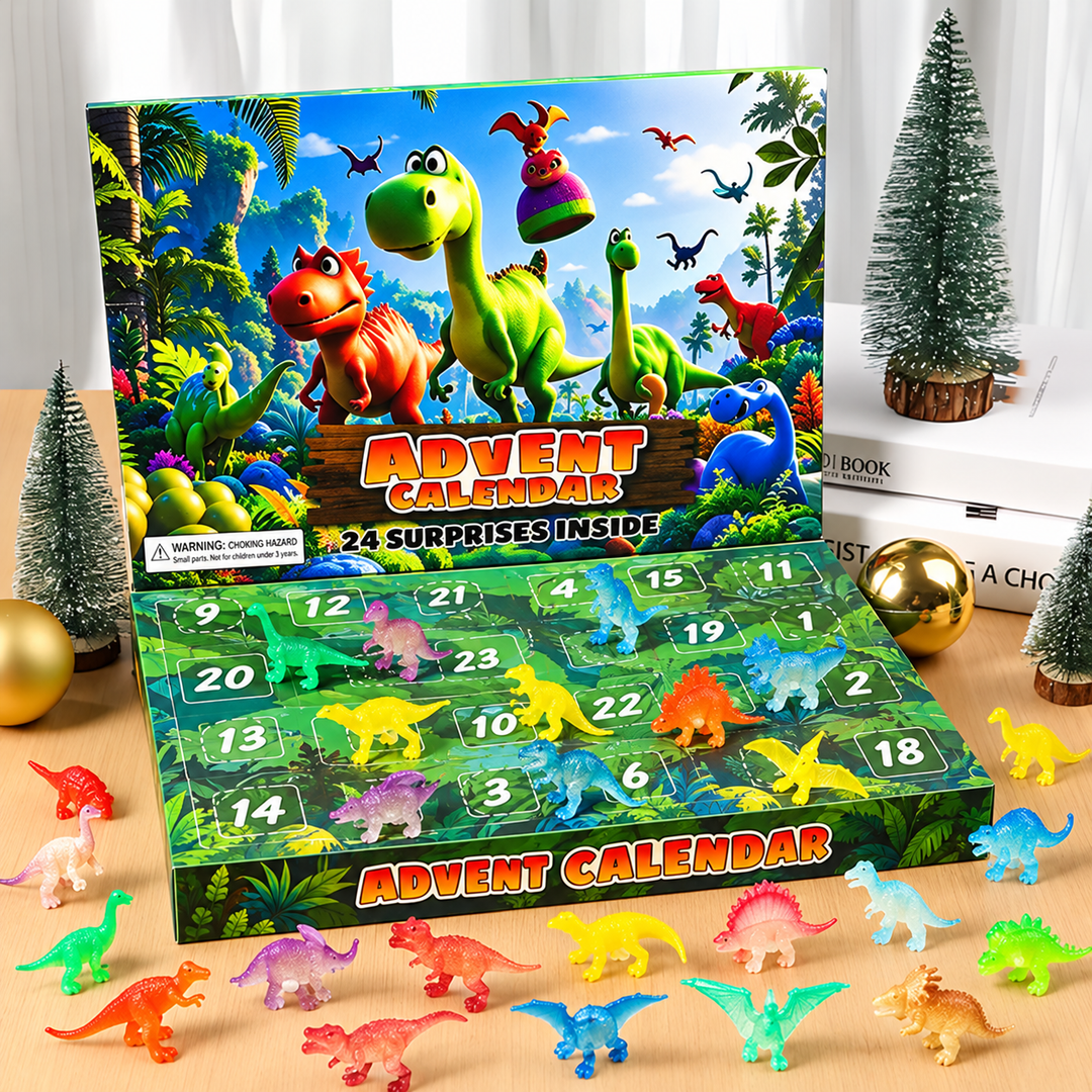 Kids Dinosaur 24-Day Holiday Advent Calendar box showing festive prehistoric toy collection