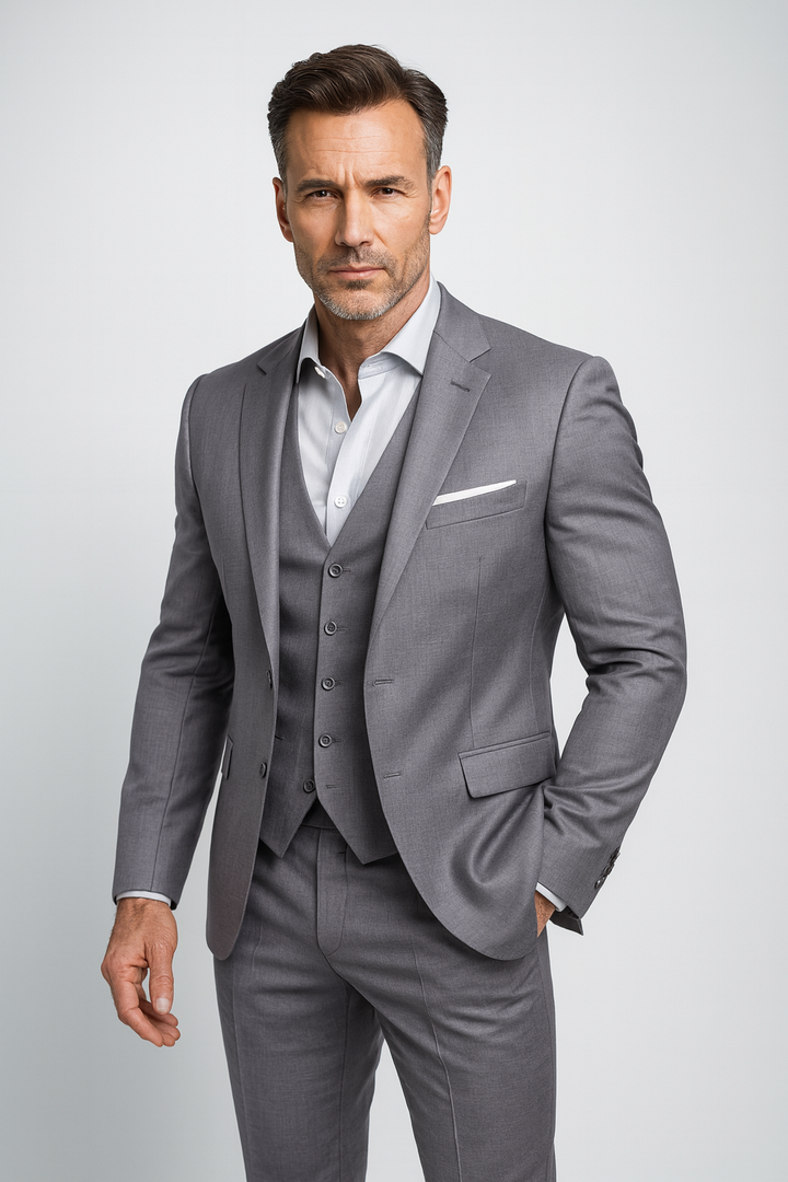Model showcasing a grey slim-fit formal three-piece suit
