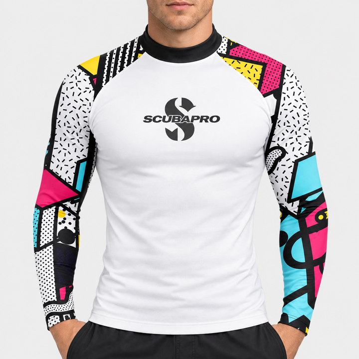 Folded mens swimwear long sleeve compression top ready for travel