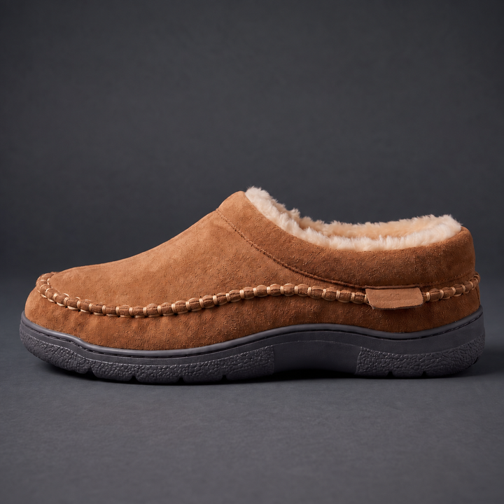 Mens cozy lodge slippers in classic brown showing slip-on house shoe design
