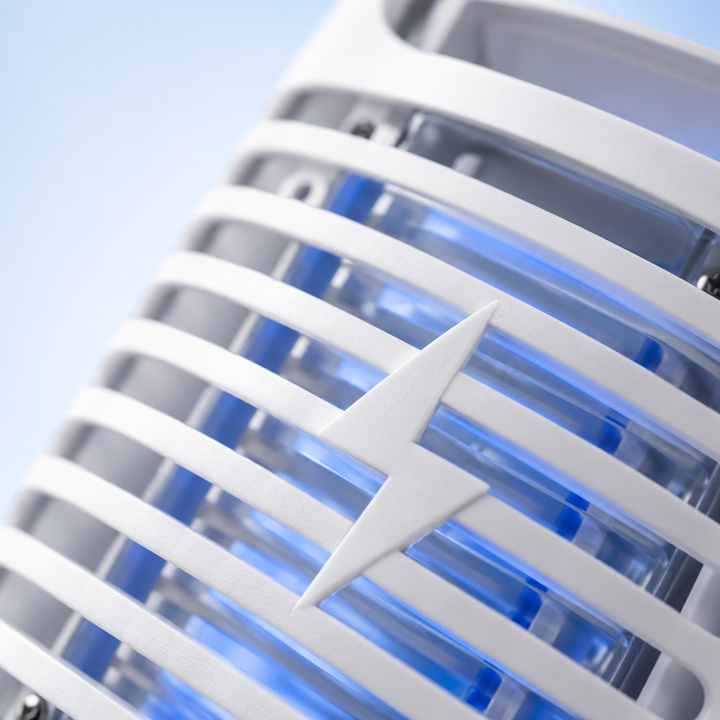 Close up view of the white protective grill and blue UV LED lights