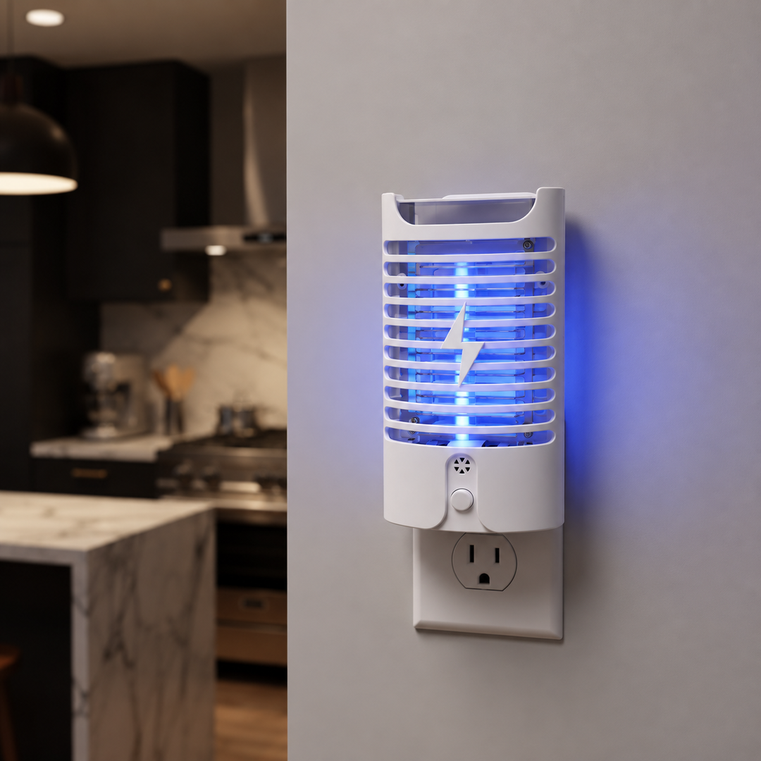 Plug-in indoor bug zapper plugged into a kitchen wall outlet