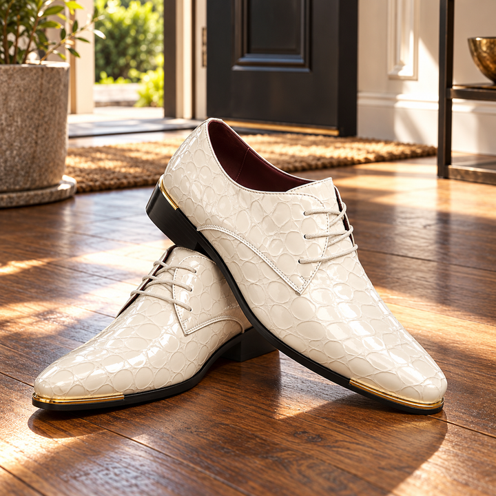 Side angle view of mens textured lace-up dress shoes for formal wear