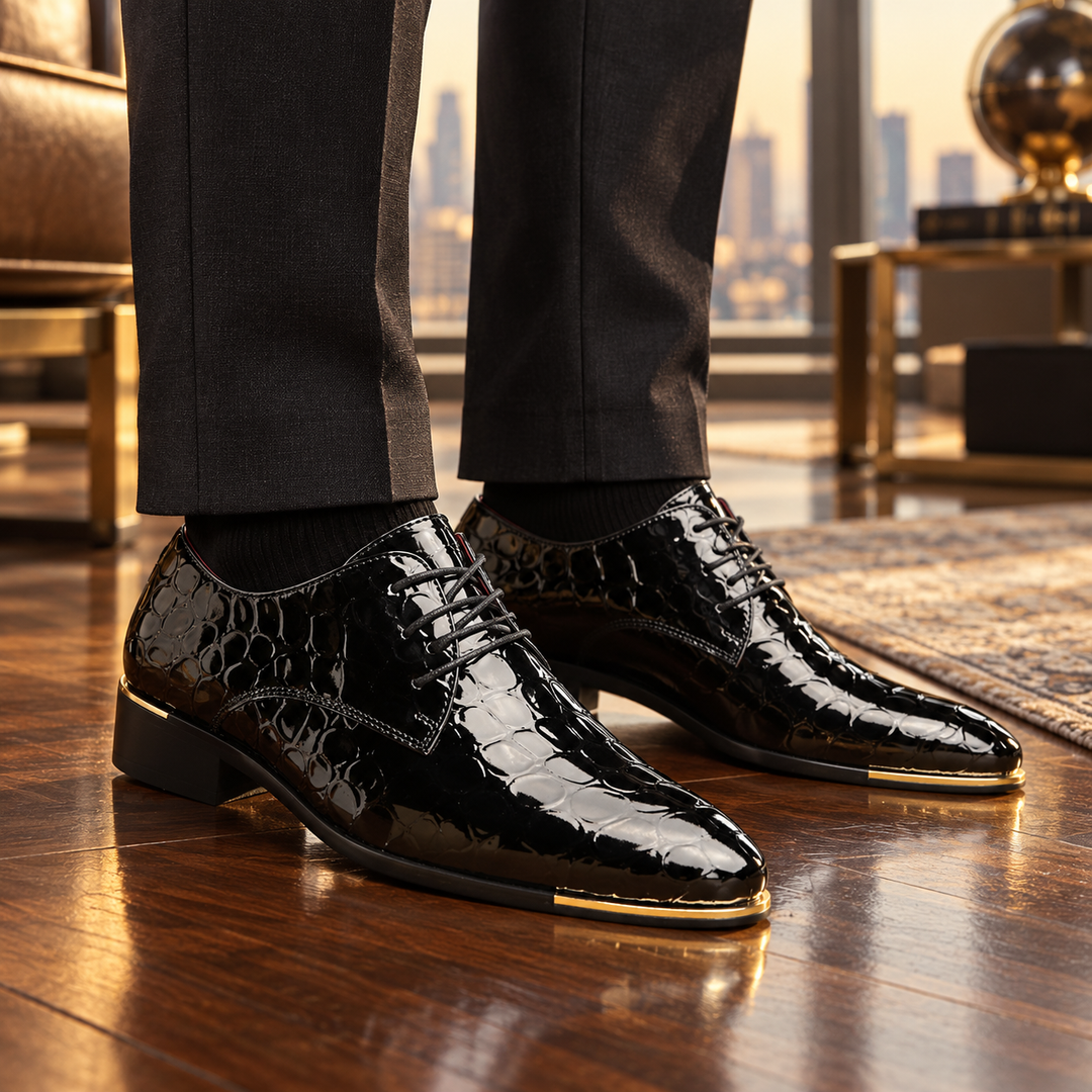 Pair of stylish mens textured lace-up shoes arranged for display