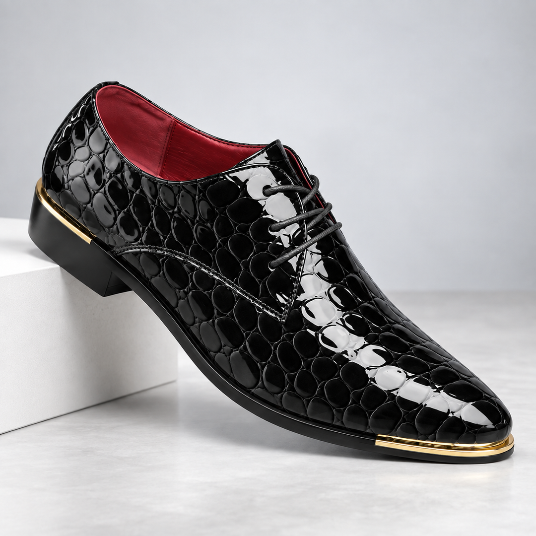 Top-down view of mens dress shoes highlighting laces and toe shape