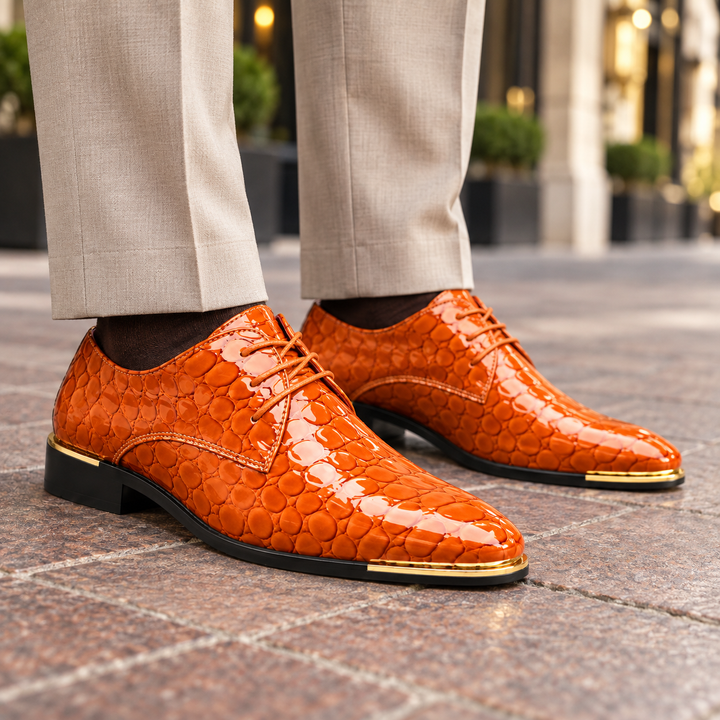 Back view of mens formal lace-up footwear showing heel and stitching