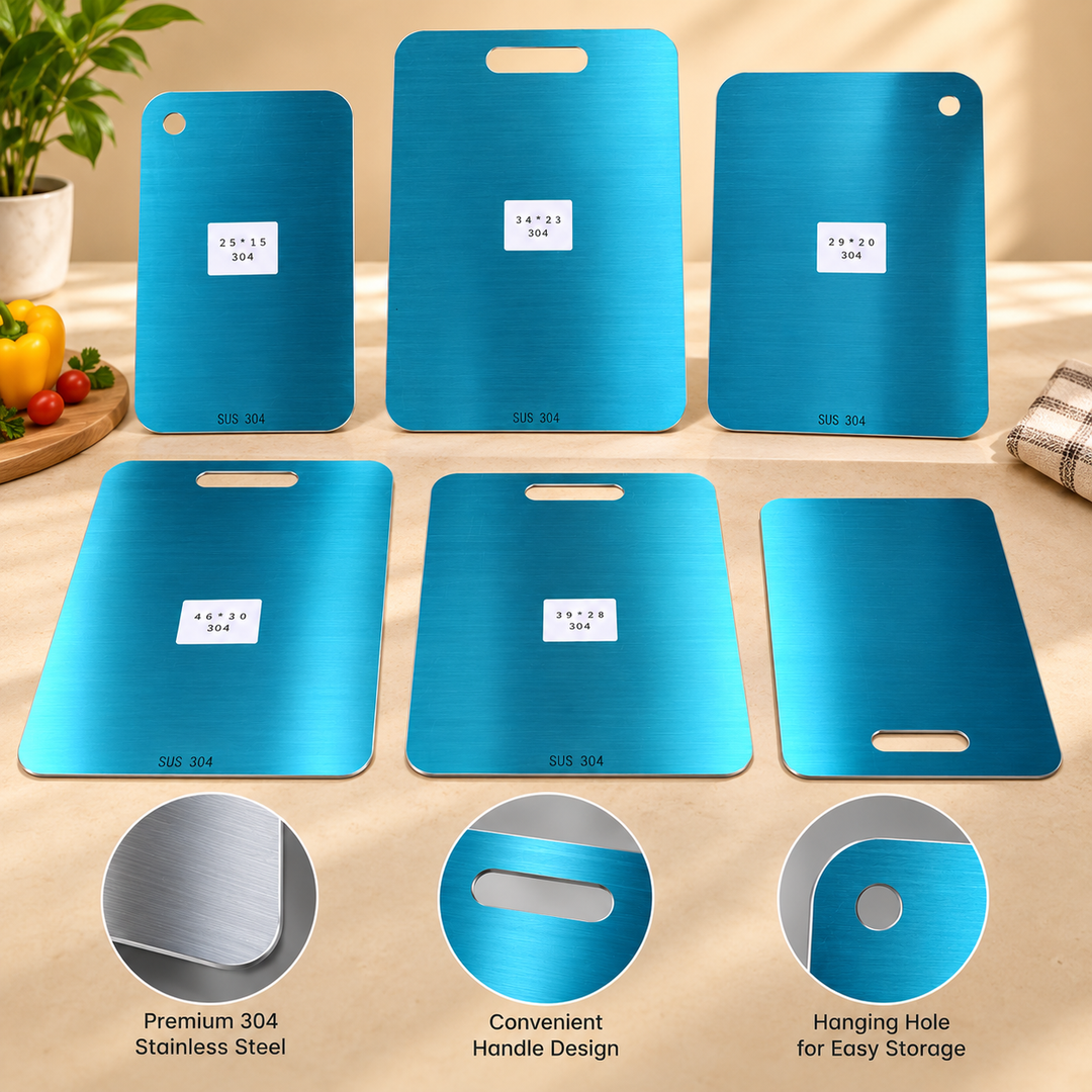 Titanium cutting boards in various sizes with handle and hole designs displayed on a kitchen counter