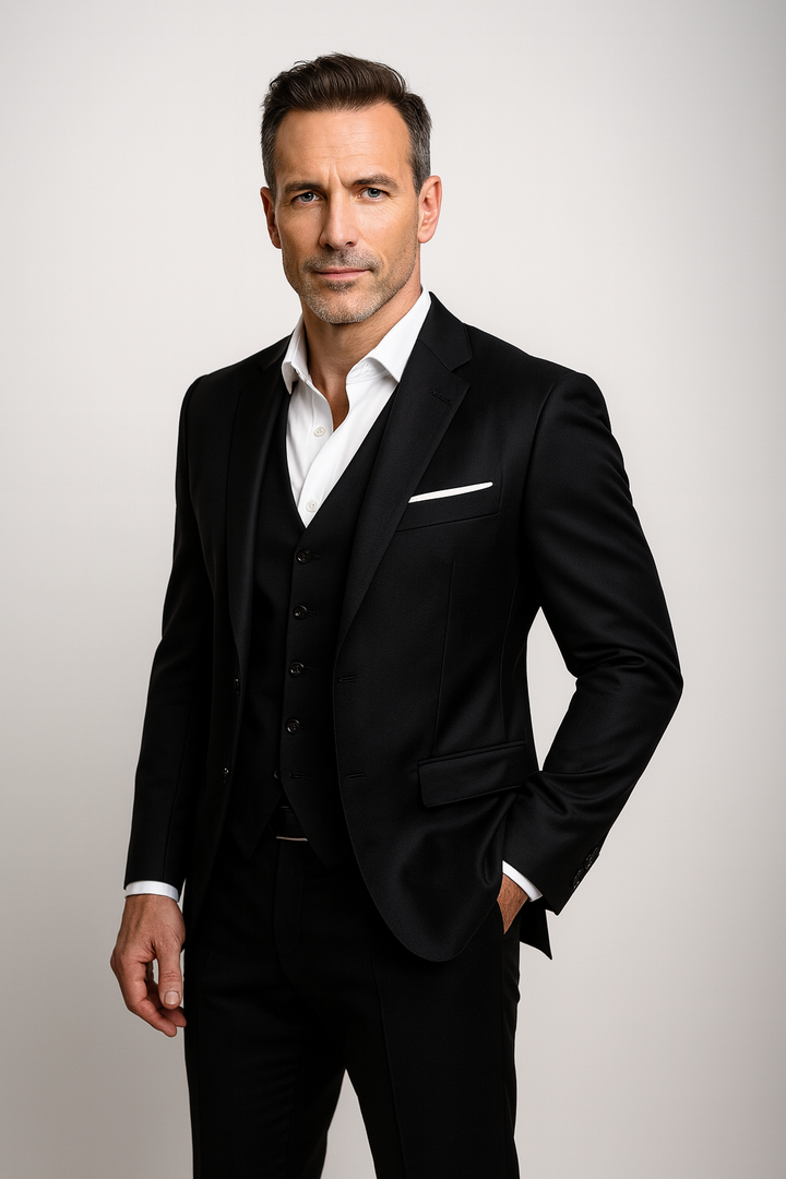 Professional man in a black slim-fit formal three-piece suit