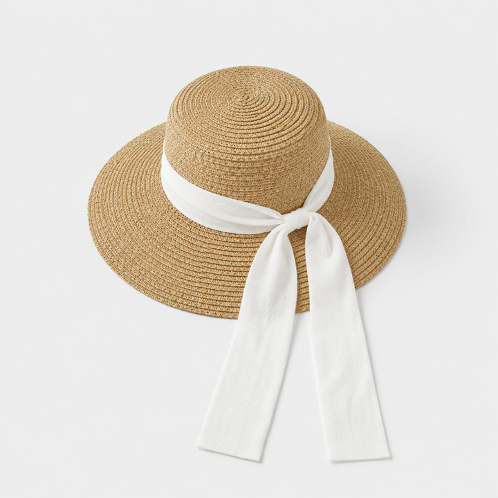 Close-up of the interior band on a womens woven sun hat