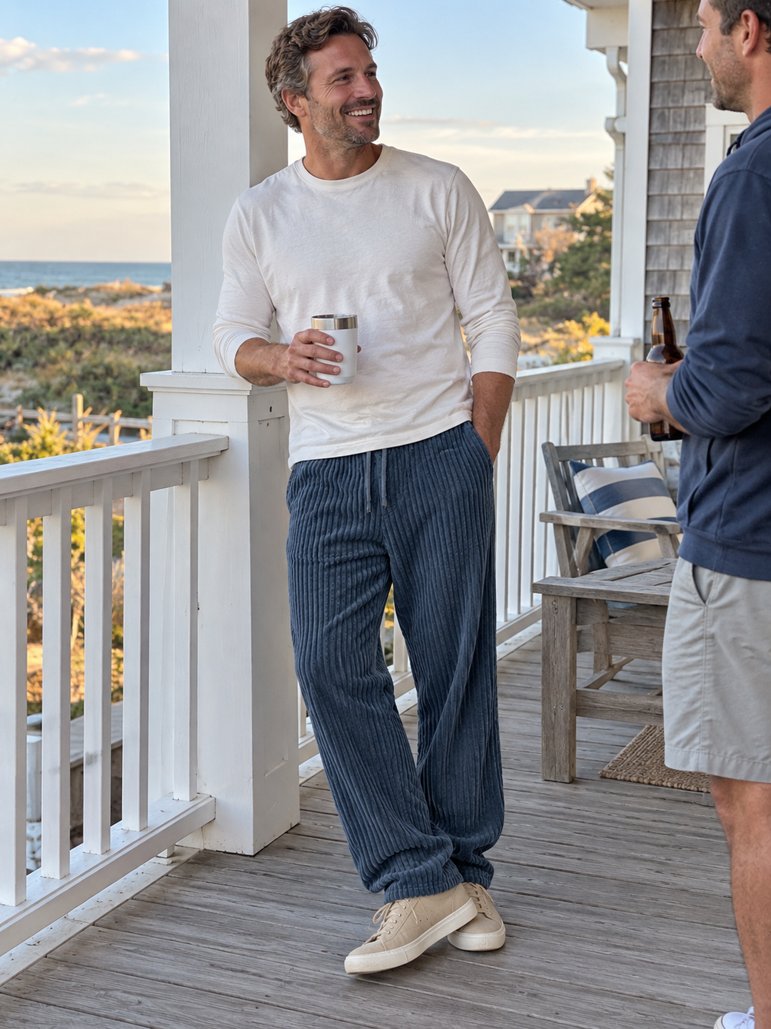 Close up of ribbed texture on mens relaxed fit drawstring pants