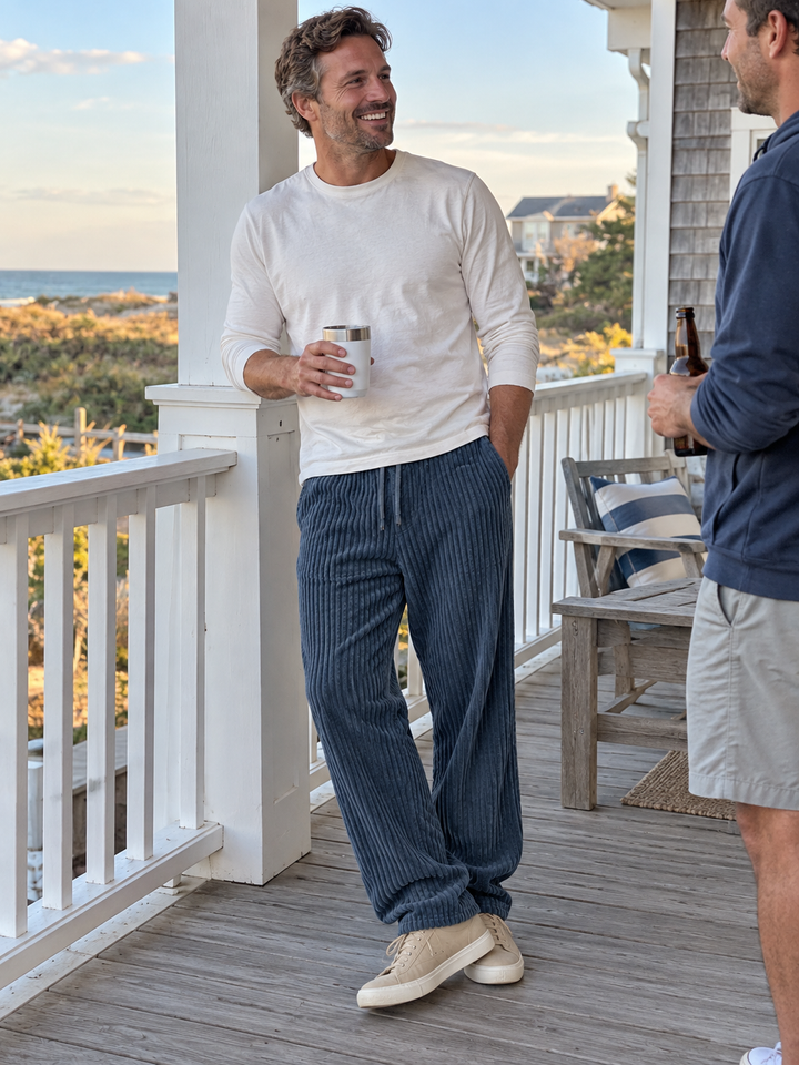 Close up of ribbed texture on mens relaxed fit drawstring pants