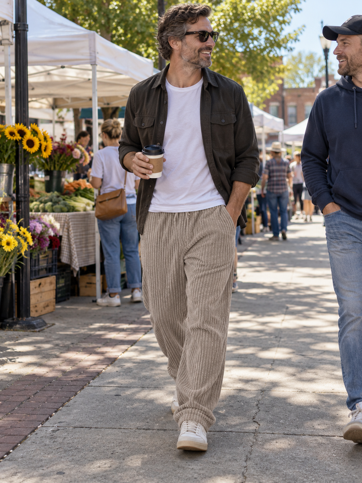 Back view of mens ribbed drawstring trousers for everyday wear